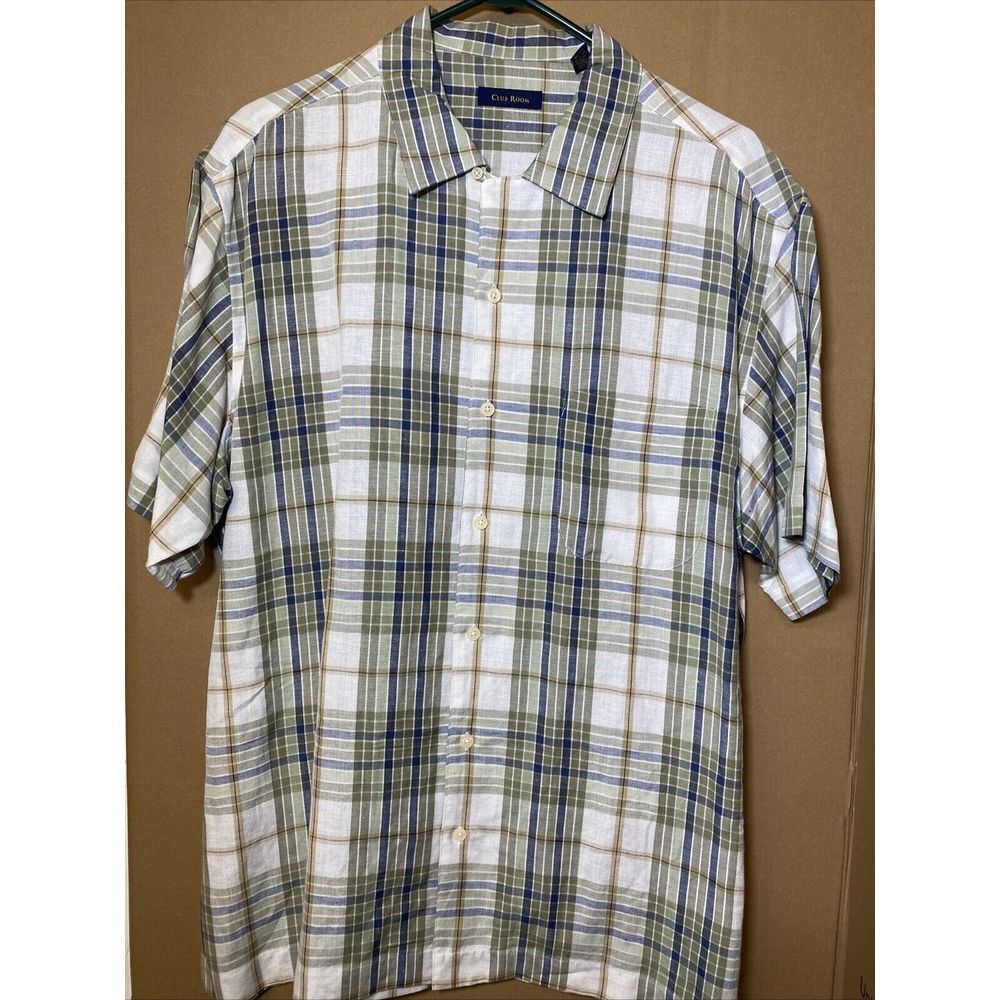 Mens Large CLUB ROOM Short Sleeve Plaid Striped Shirt Linen Rayon Blue Olive Tan